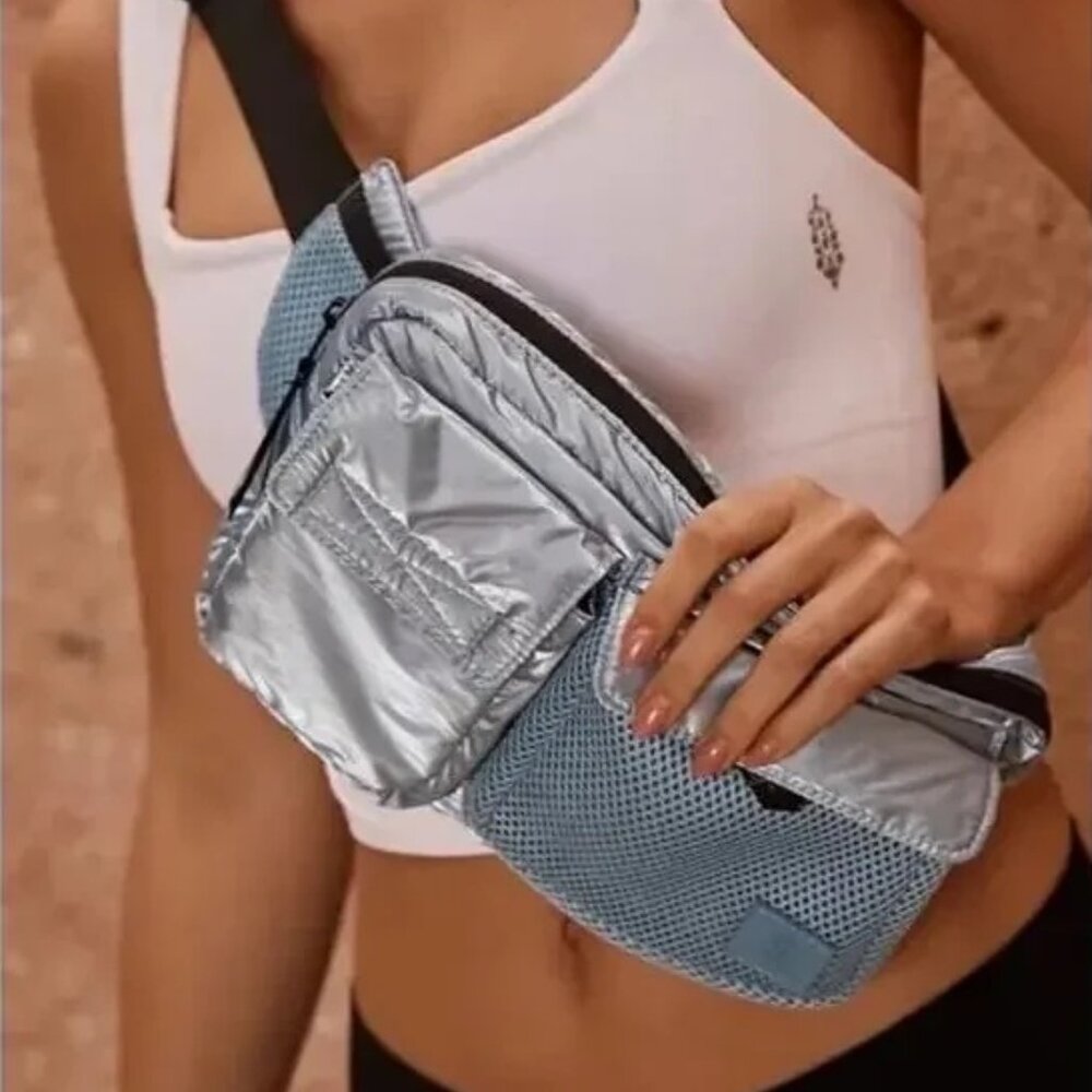 NWT Free People Courtside Cargo Sling Blue Metallic Belt Bag